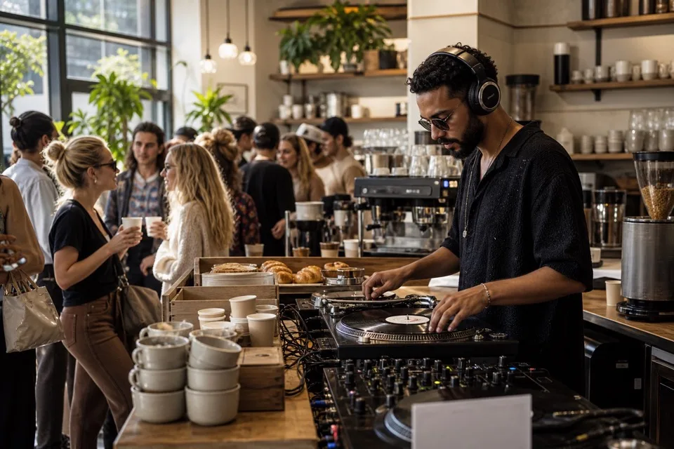 DJ tocando en un café de especialidad con ambiente brunch