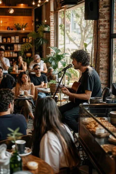 Músico tocando en vivo en un café de especialidad con público escuchando