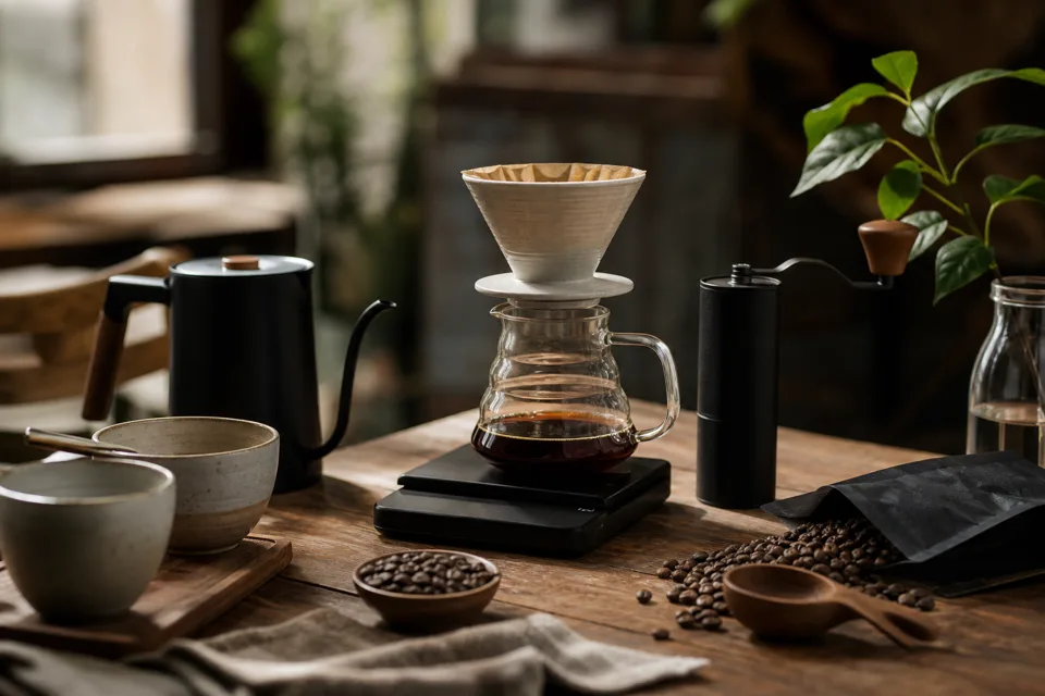 Marketplace cafetero con accesorios y preparación de café de especialidad